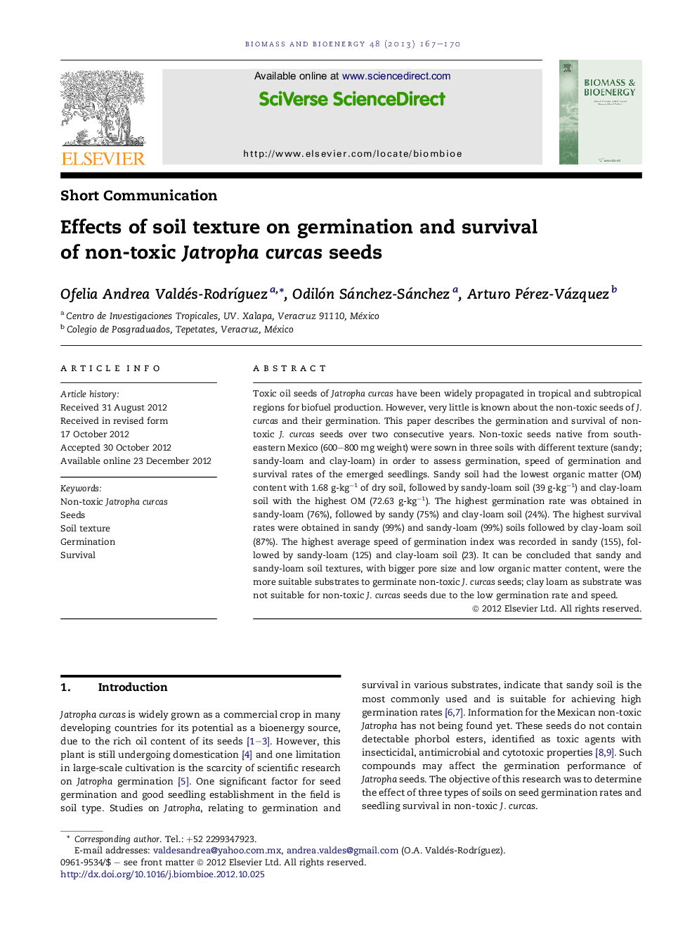 Effects of soil texture on germination and survival of non-toxic Jatropha curcas seeds