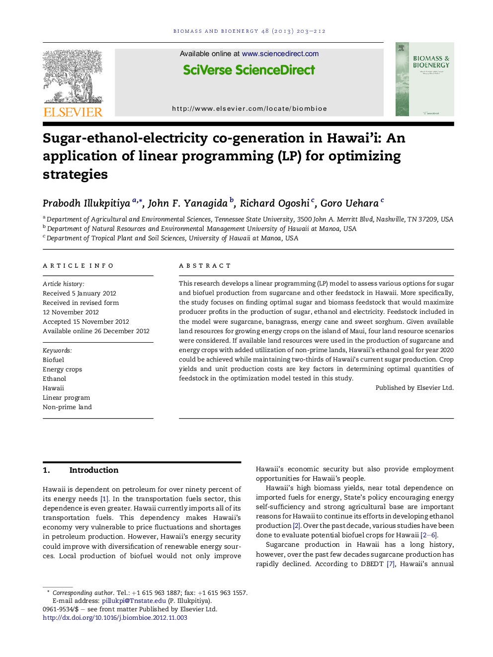 Sugar-ethanol-electricity co-generation in Hawai’i: An application of linear programming (LP) for optimizing strategies