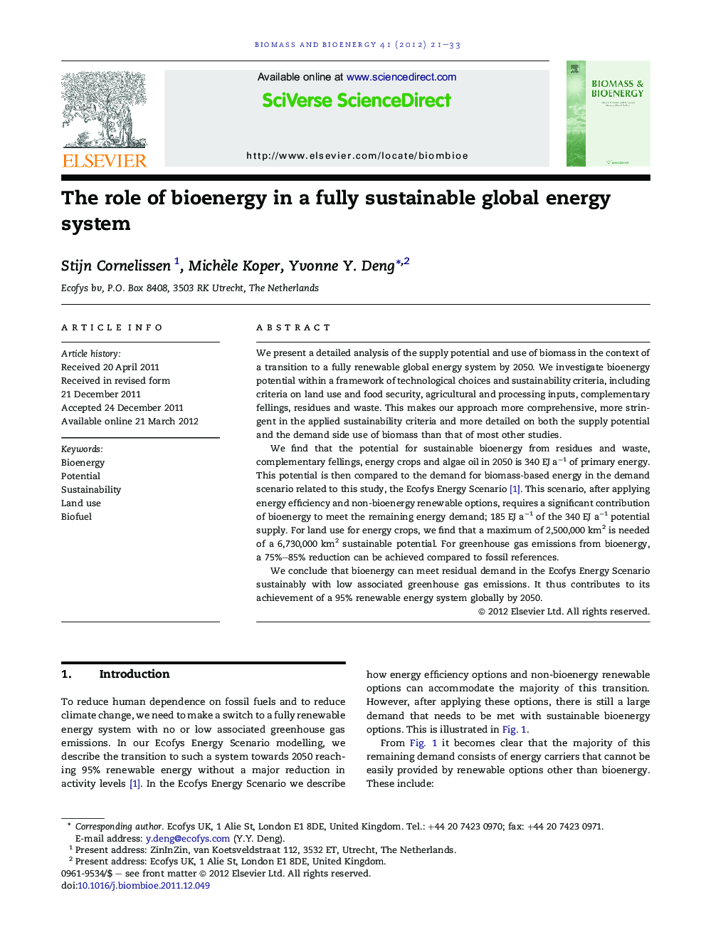 The role of bioenergy in a fully sustainable global energy system