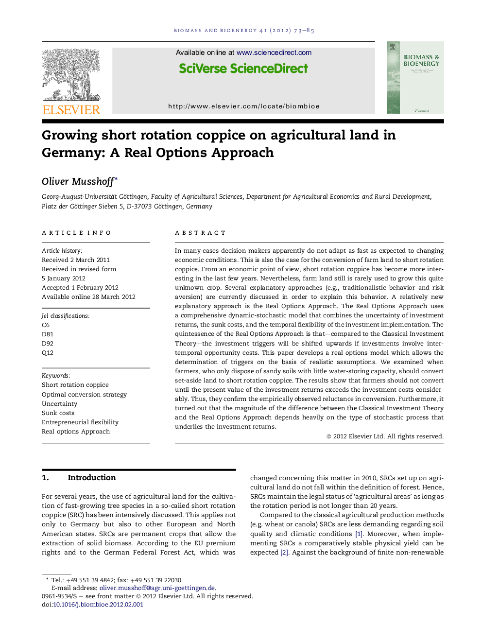 Growing short rotation coppice on agricultural land in Germany: A Real Options Approach