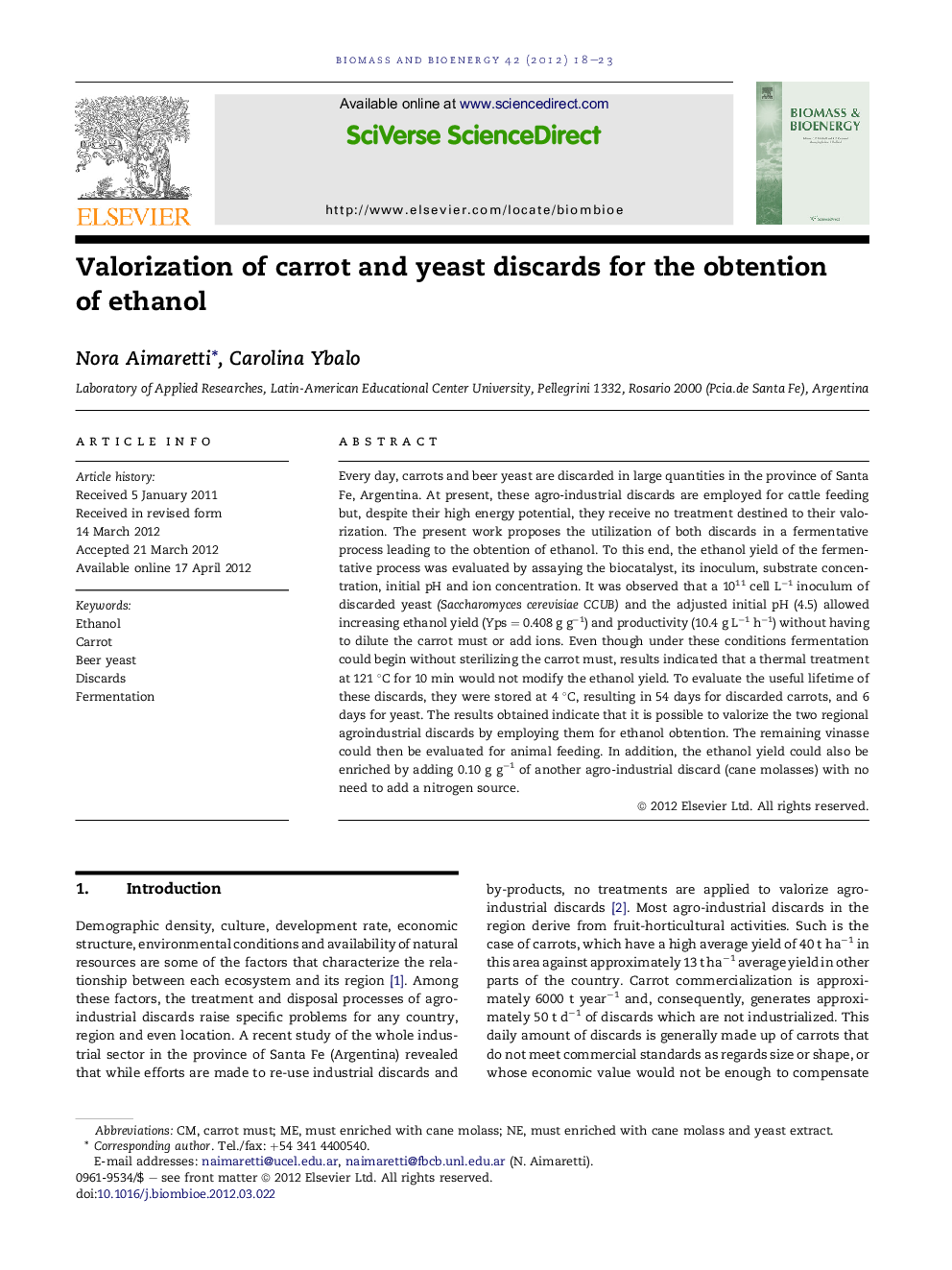 Valorization of carrot and yeast discards for the obtention of ethanol