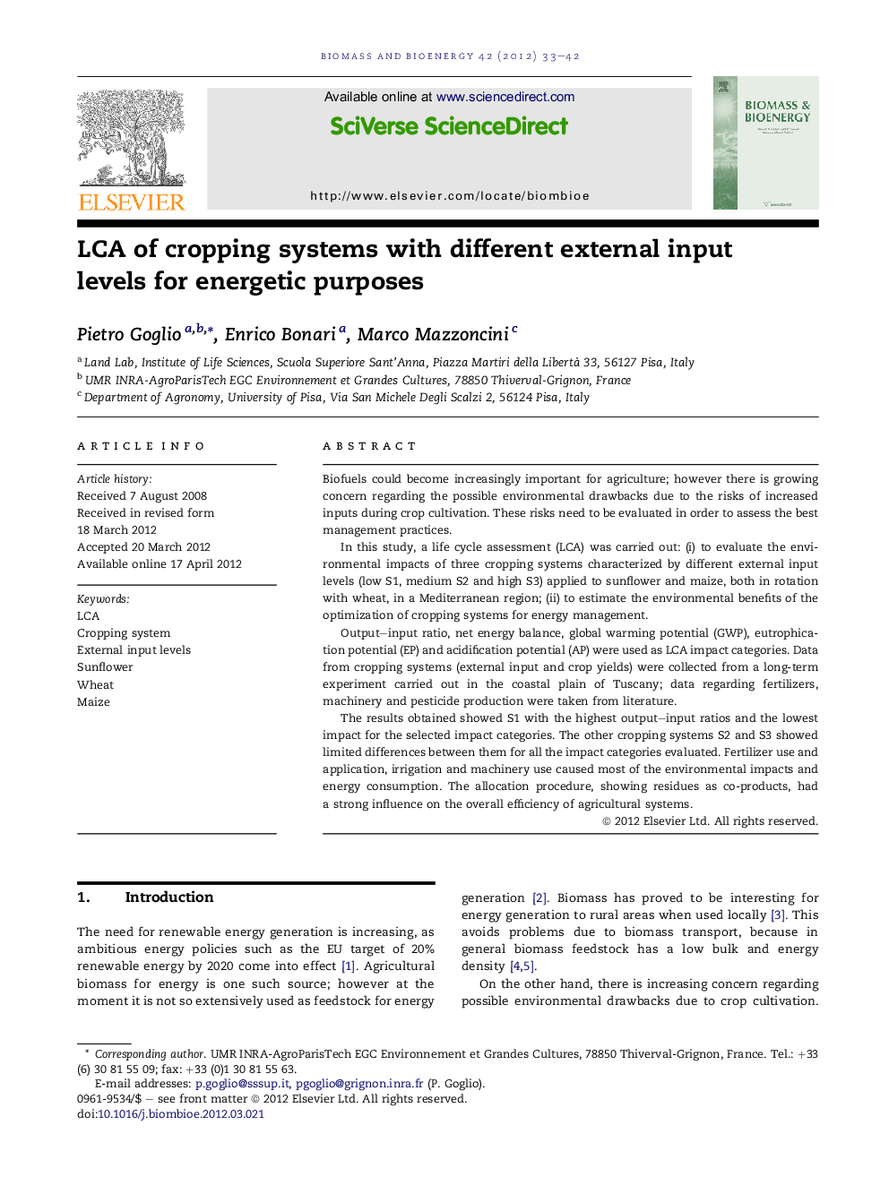 LCA of cropping systems with different external input levels for energetic purposes