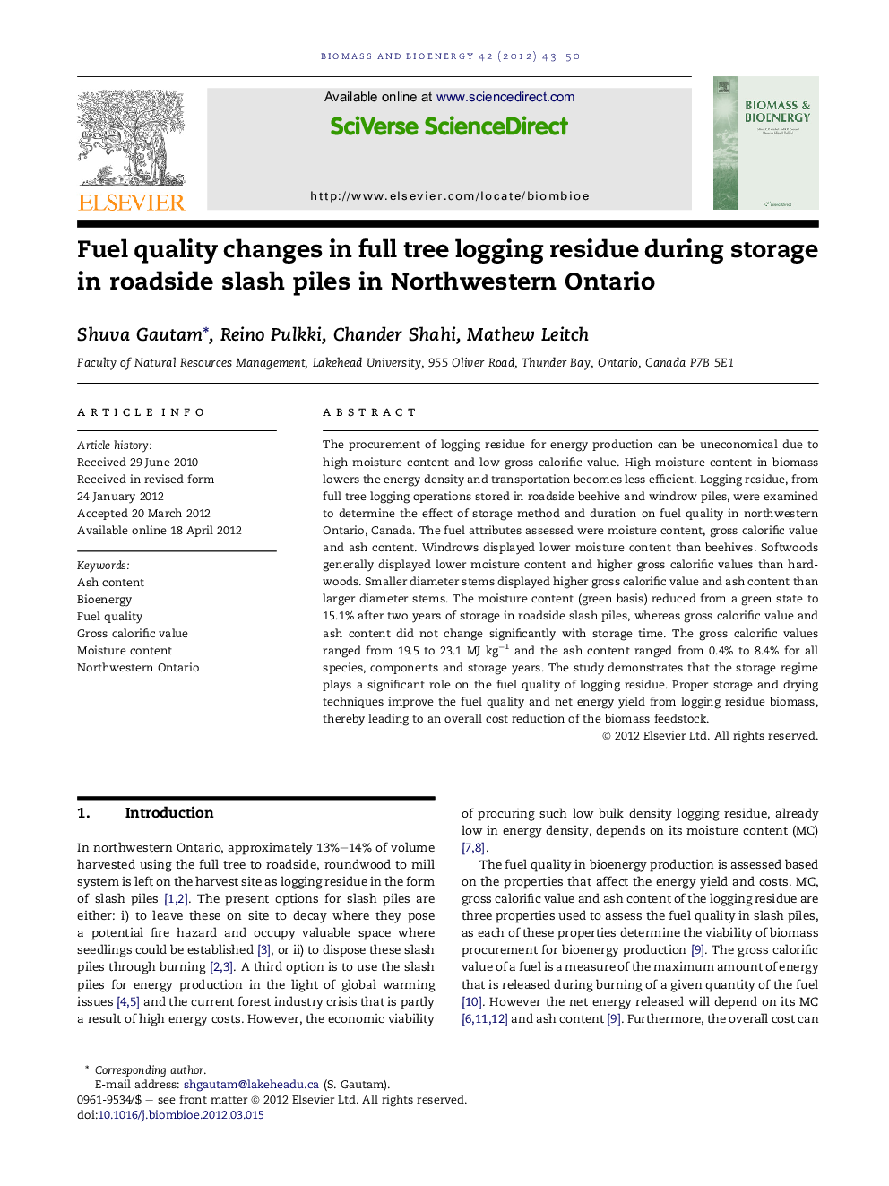 Fuel quality changes in full tree logging residue during storage in roadside slash piles in Northwestern Ontario