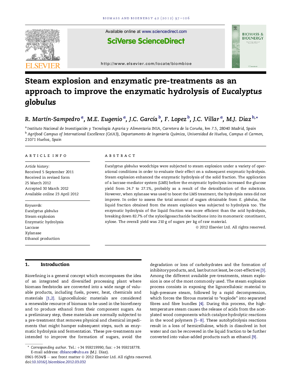 Steam explosion and enzymatic pre-treatments as an approach to improve the enzymatic hydrolysis of Eucalyptus globulus