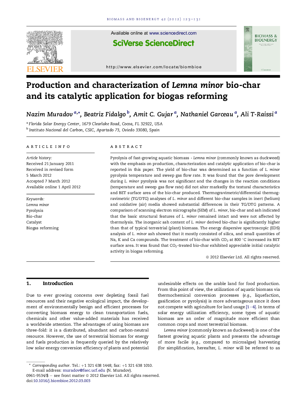 Production and characterization of Lemna minor bio-char and its catalytic application for biogas reforming