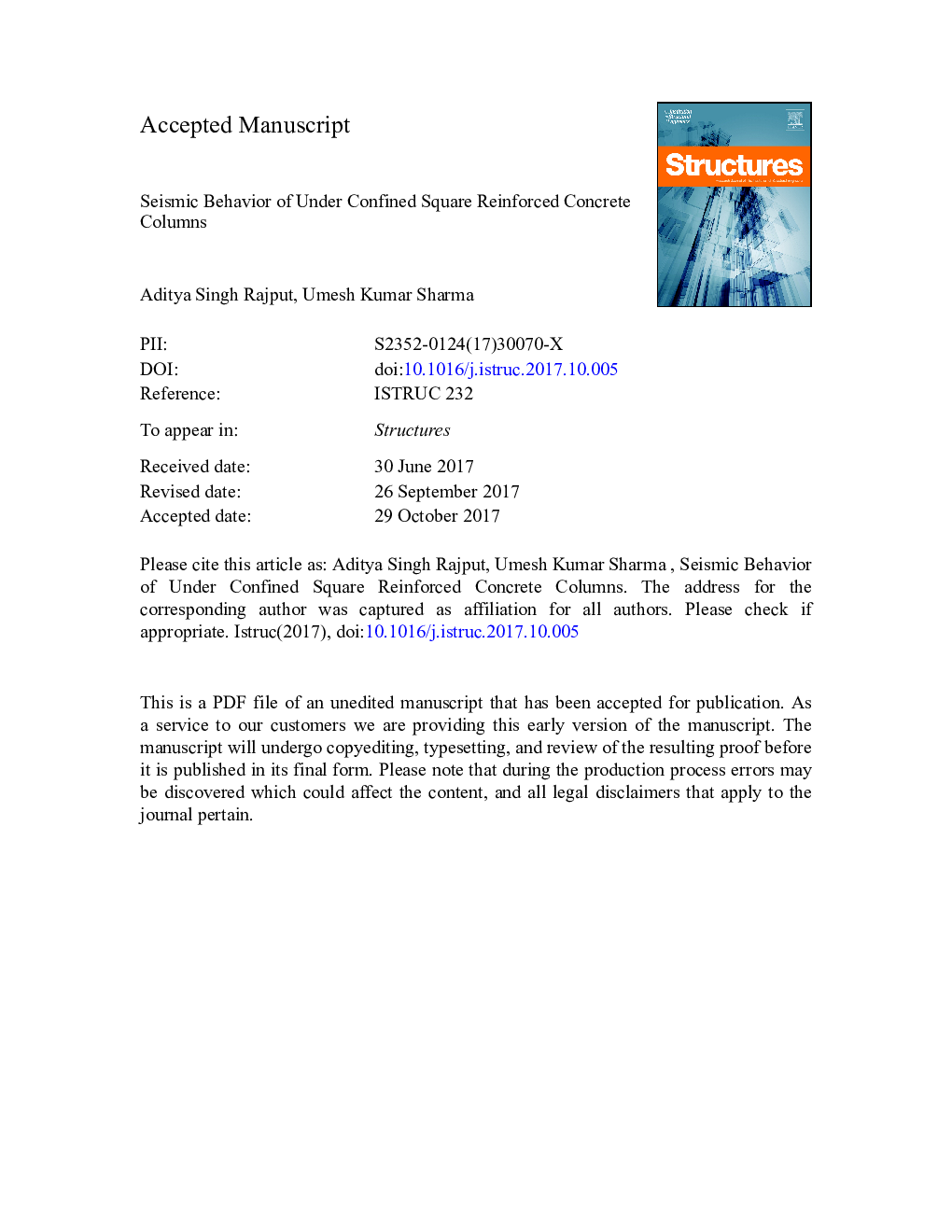 Seismic Behavior of Under Confined Square Reinforced Concrete Columns