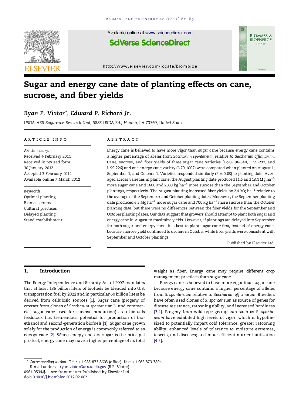 Sugar and energy cane date of planting effects on cane, sucrose, and fiber yields