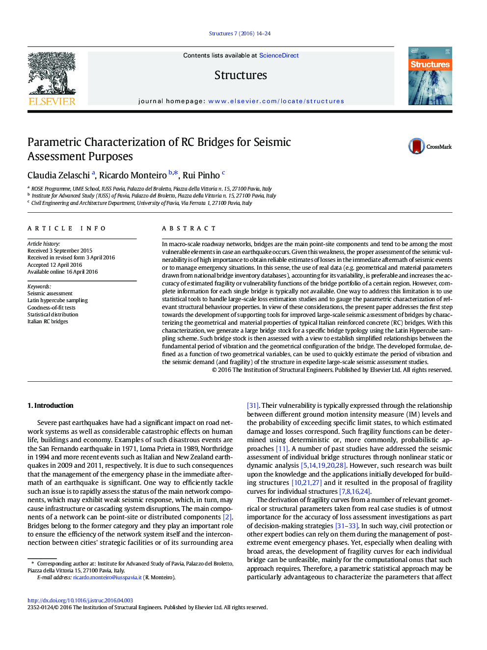 Parametric Characterization of RC Bridges for Seismic Assessment Purposes
