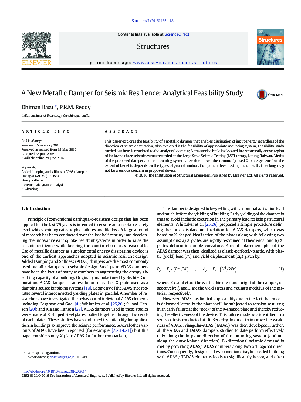 A New Metallic Damper for Seismic Resilience: Analytical Feasibility Study