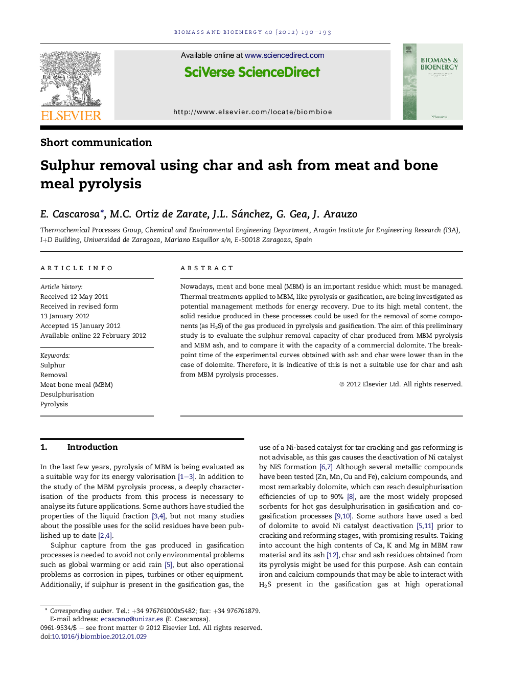 Sulphur removal using char and ash from meat and bone meal pyrolysis