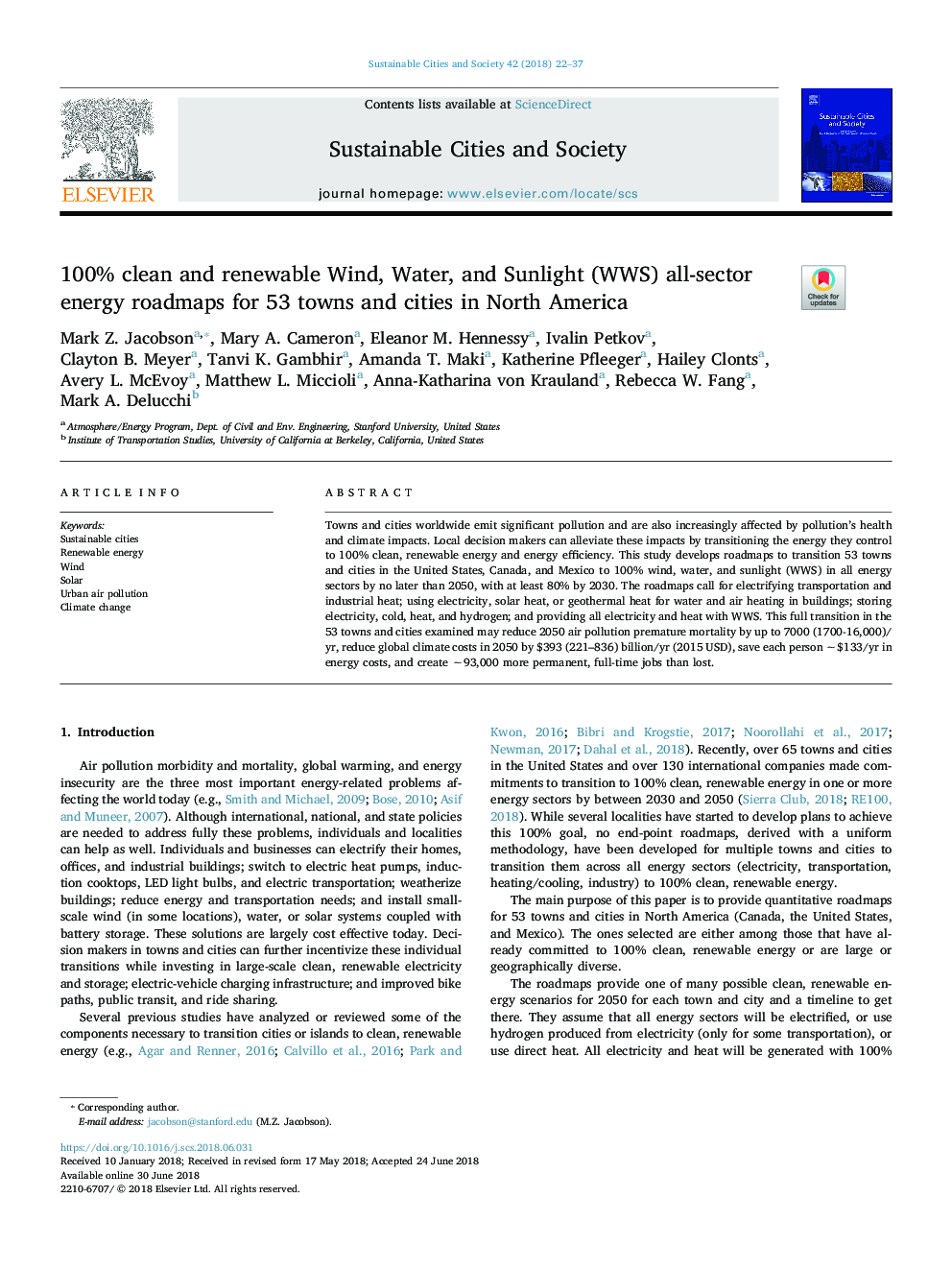 100% clean and renewable Wind, Water, and Sunlight (WWS) all-sector energy roadmaps for 53 towns and cities in North America