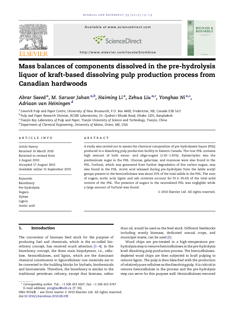 Mass balances of components dissolved in the pre-hydrolysis liquor of kraft-based dissolving pulp production process from Canadian hardwoods