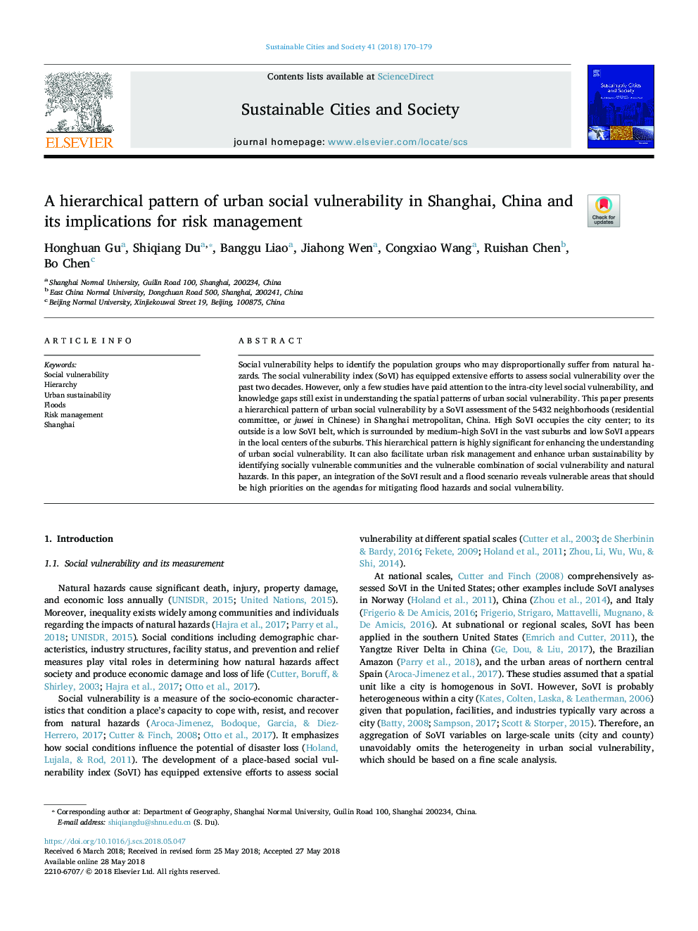 A hierarchical pattern of urban social vulnerability in Shanghai, China and its implications for risk management