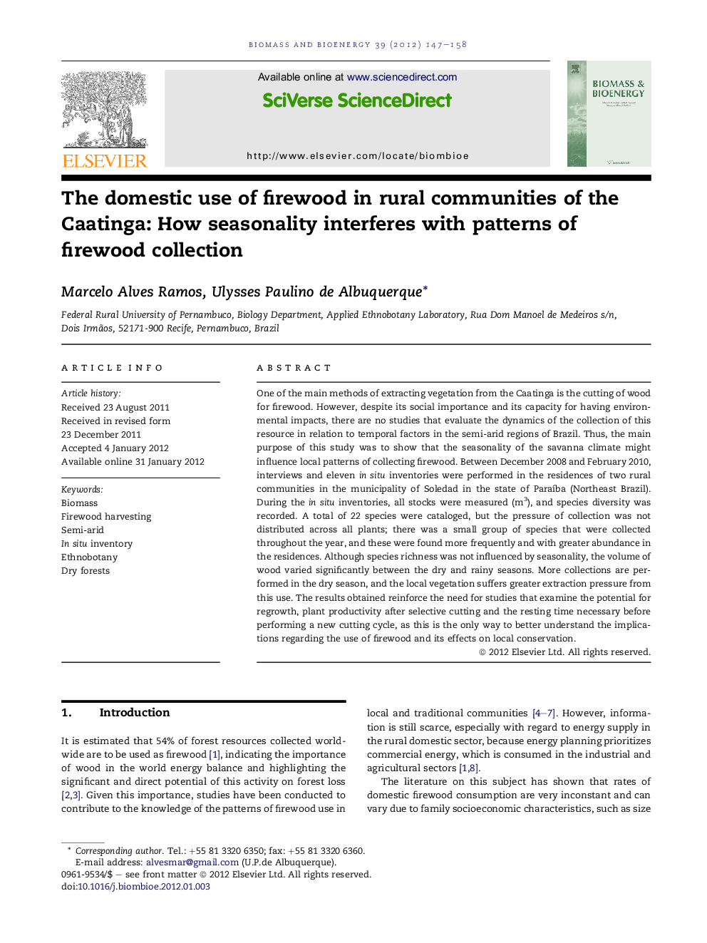 The domestic use of firewood in rural communities of the Caatinga: How seasonality interferes with patterns of firewood collection