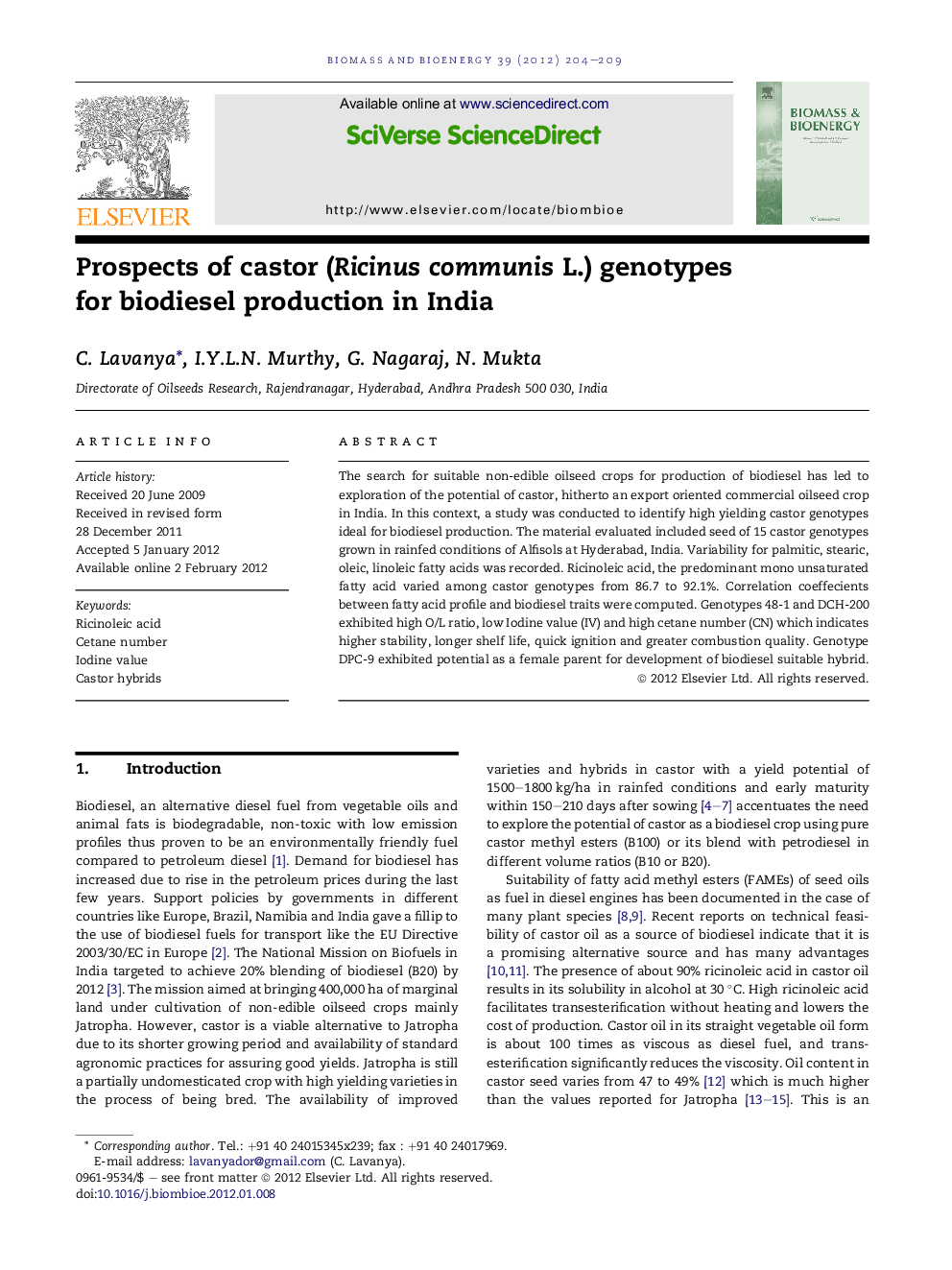 Prospects of castor (Ricinus communis L.) genotypes for biodiesel production in India