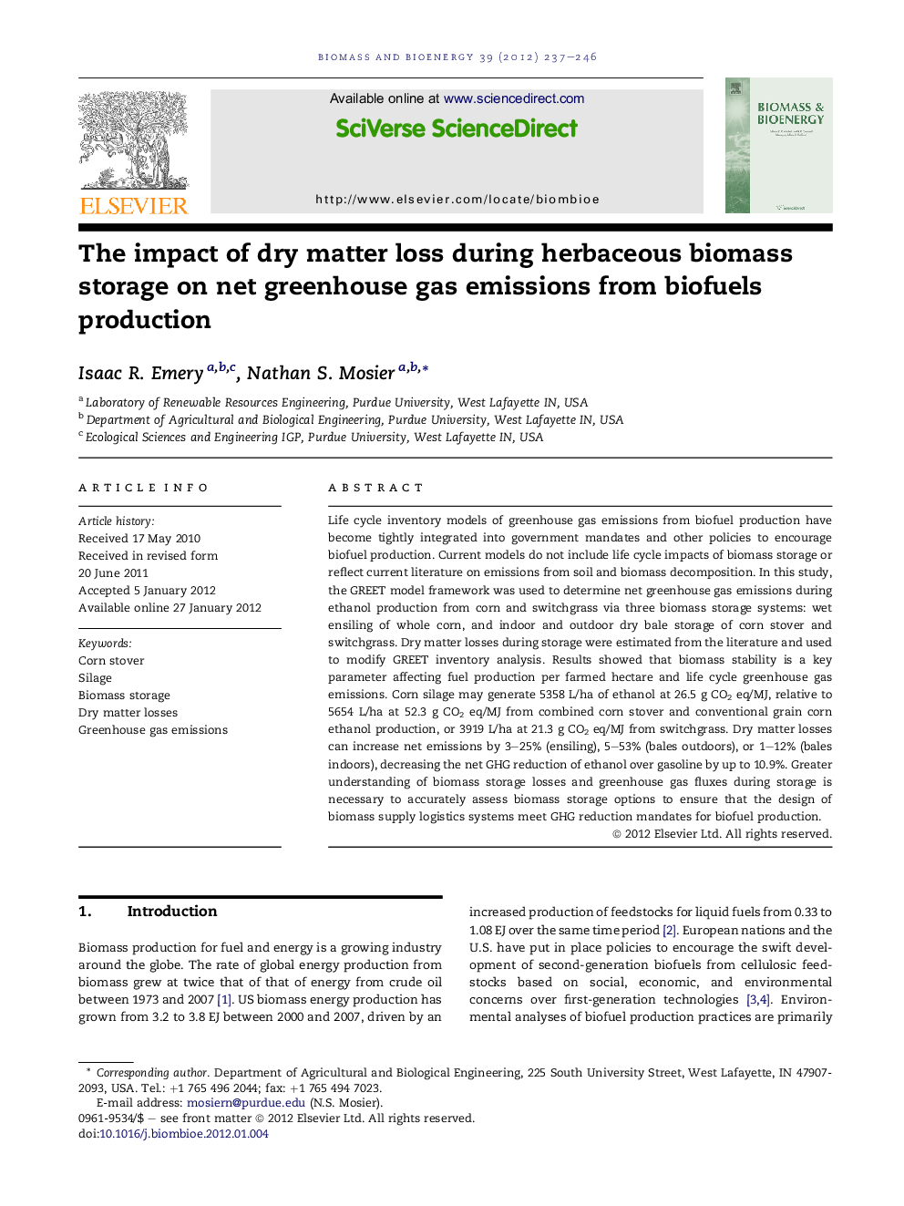 The impact of dry matter loss during herbaceous biomass storage on net greenhouse gas emissions from biofuels production