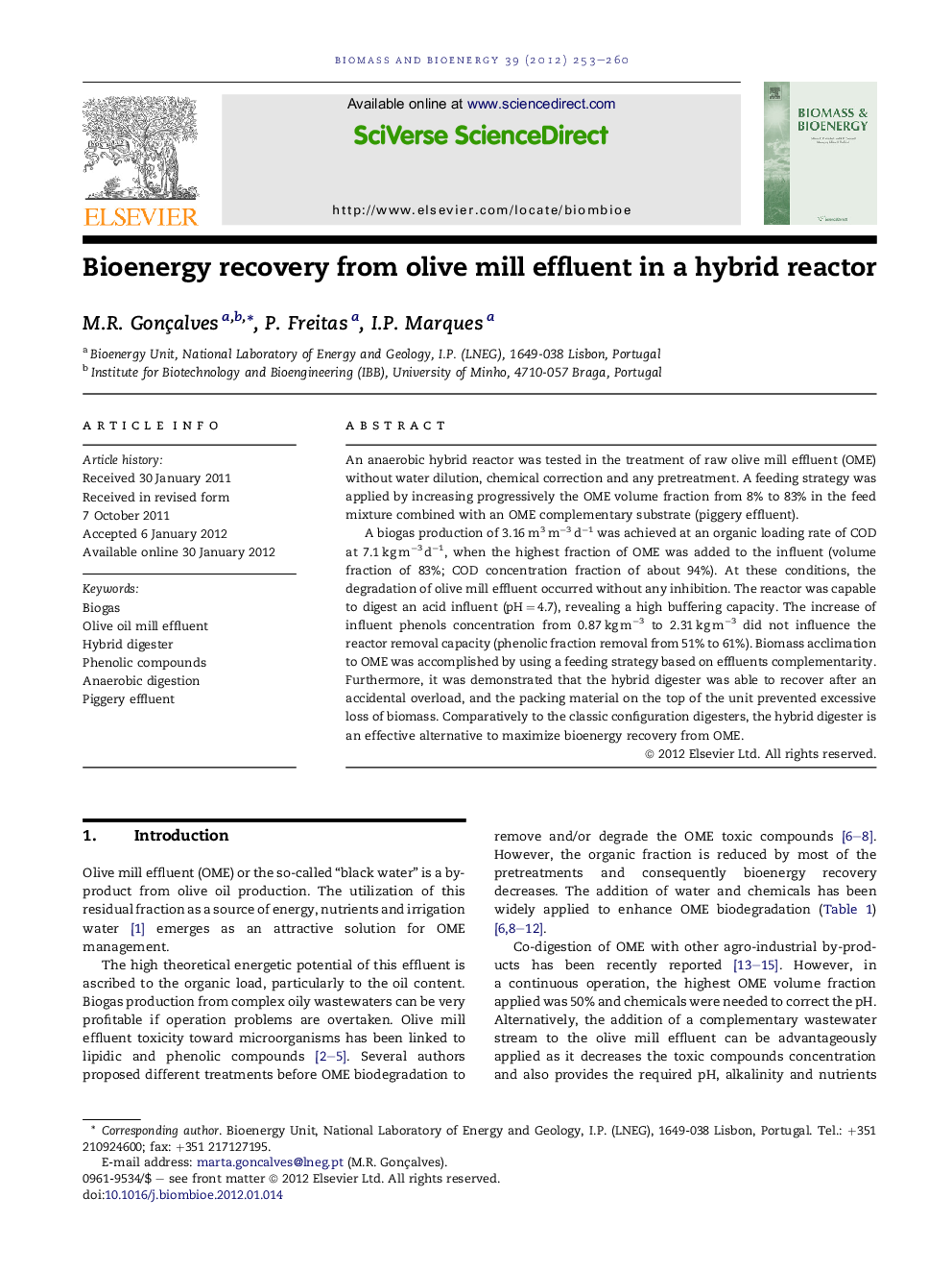 Bioenergy recovery from olive mill effluent in a hybrid reactor