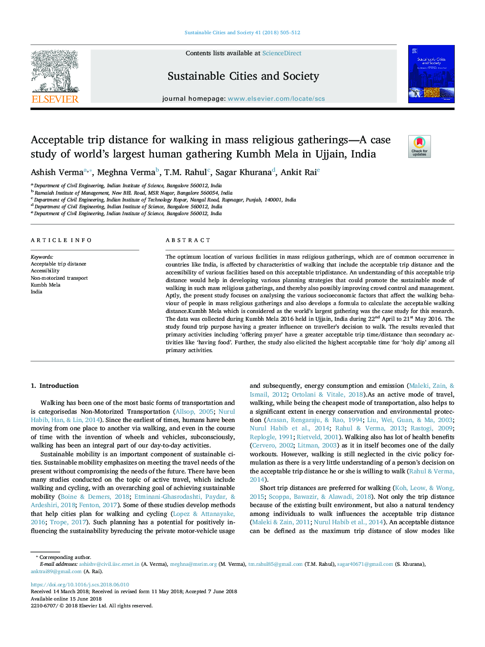 Acceptable trip distance for walking in mass religious gatherings-A case study of world's largest human gathering Kumbh Mela in Ujjain, India