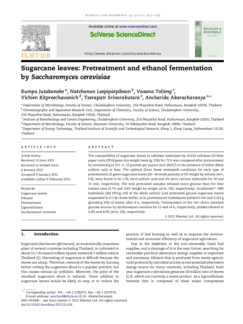 Sugarcane leaves: Pretreatment and ethanol fermentation by Saccharomyces cerevisiae