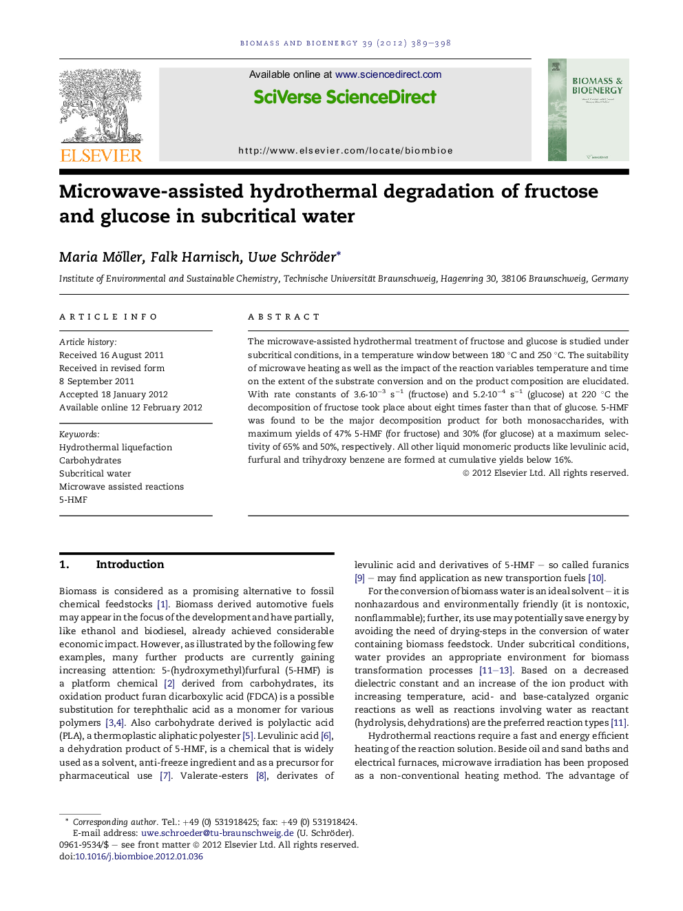 Microwave-assisted hydrothermal degradation of fructose and glucose in subcritical water