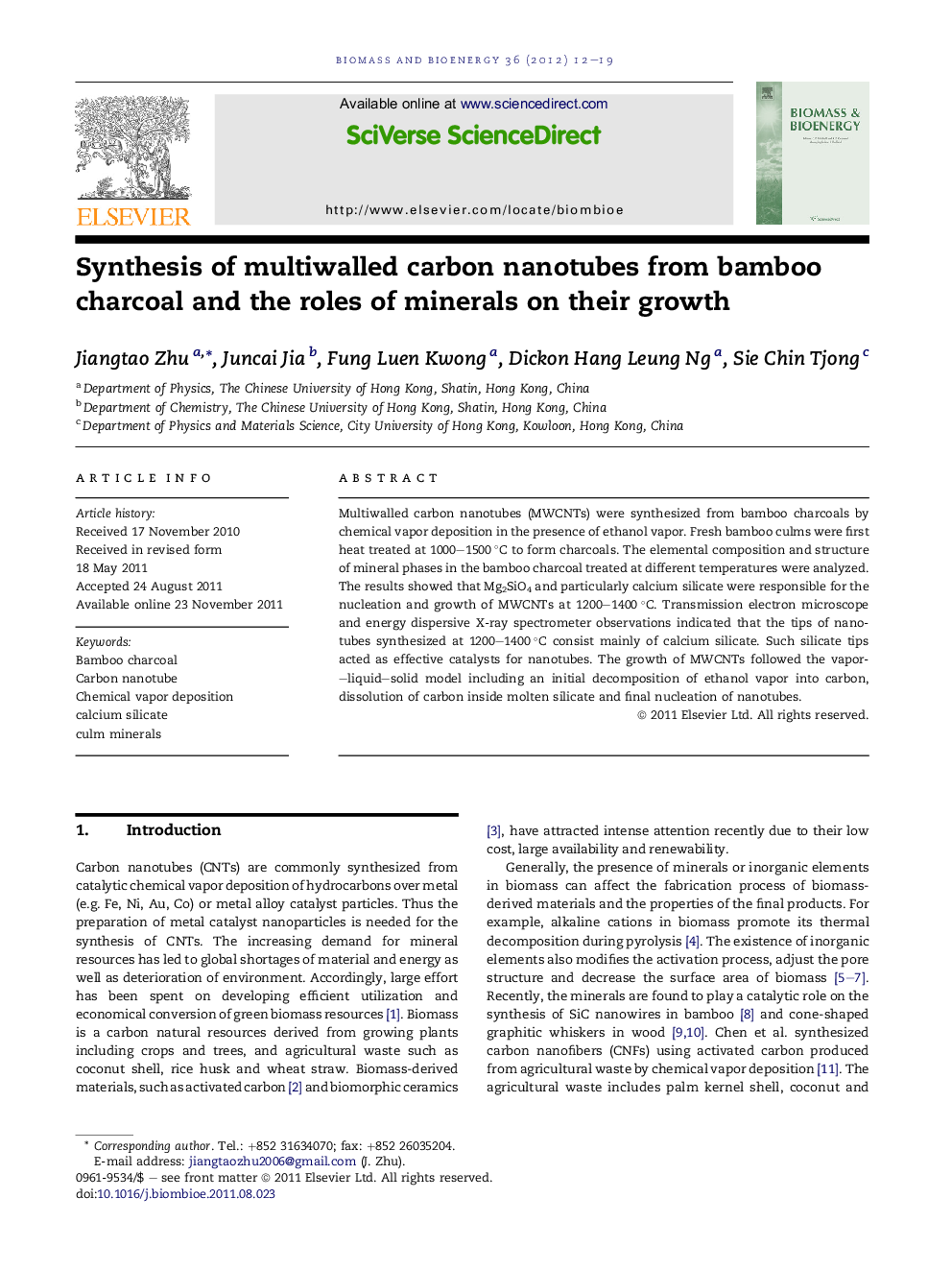 Synthesis of multiwalled carbon nanotubes from bamboo charcoal and the roles of minerals on their growth