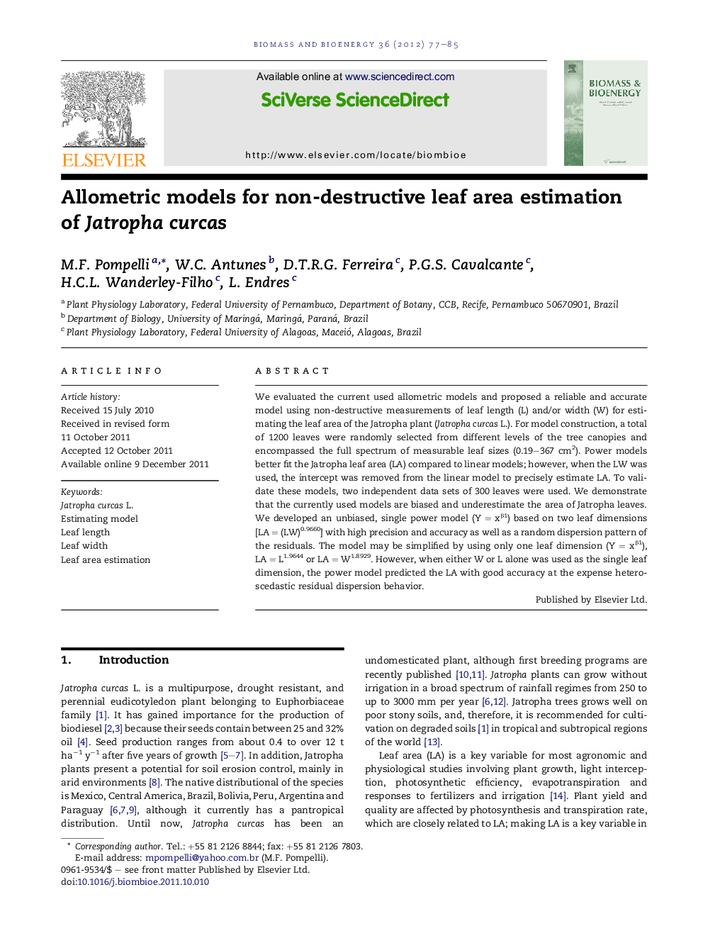 Allometric models for non-destructive leaf area estimation of Jatropha curcas