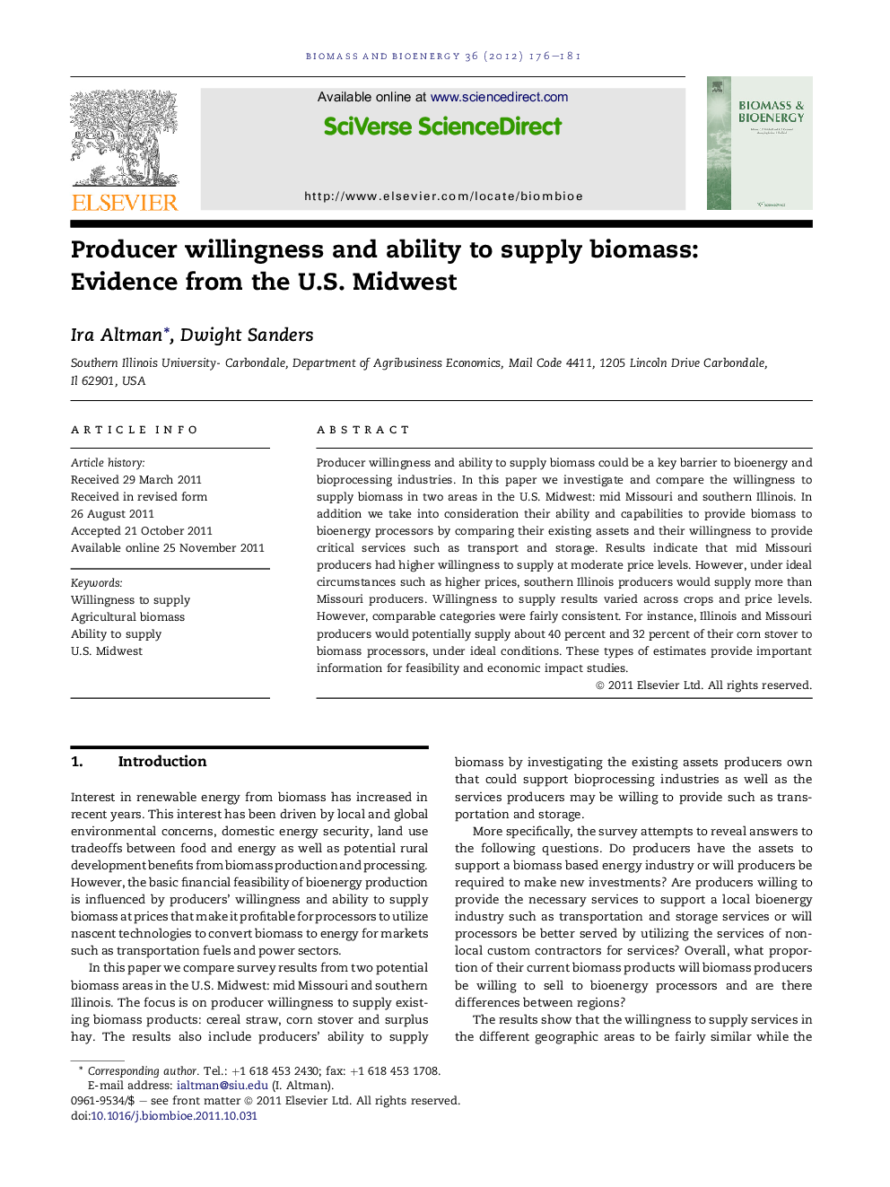 Producer willingness and ability to supply biomass: Evidence from the U.S. Midwest