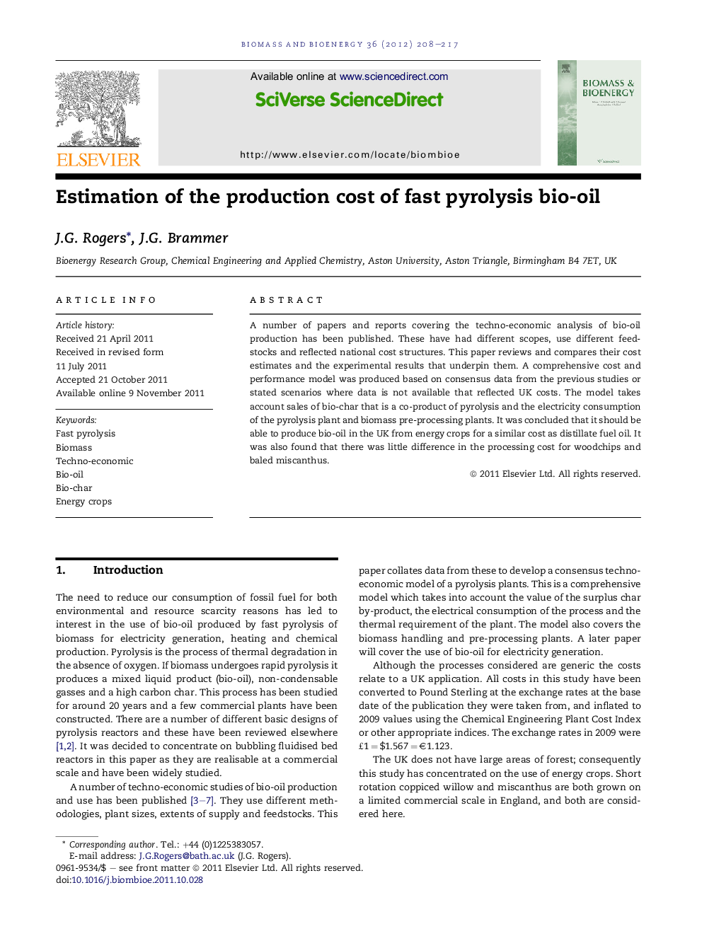 Estimation of the production cost of fast pyrolysis bio-oil