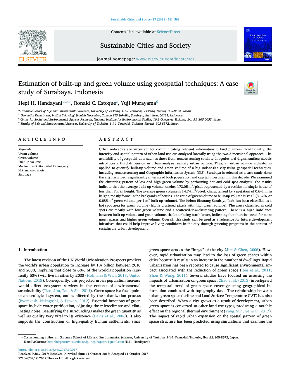 Estimation of built-up and green volume using geospatial techniques: A case study of Surabaya, Indonesia