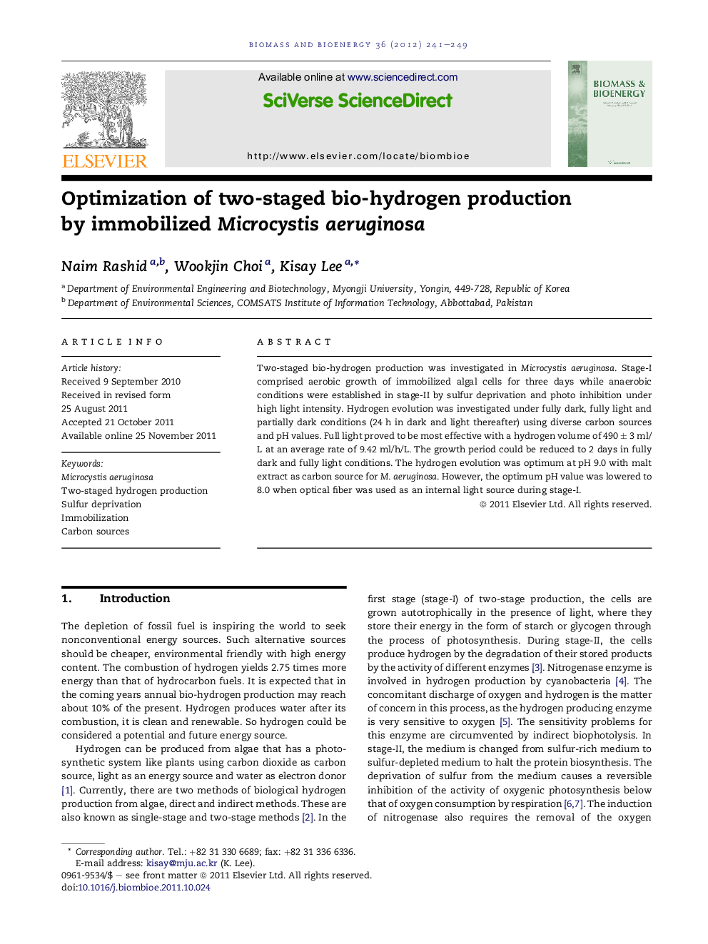 Optimization of two-staged bio-hydrogen production by immobilized Microcystis aeruginosa