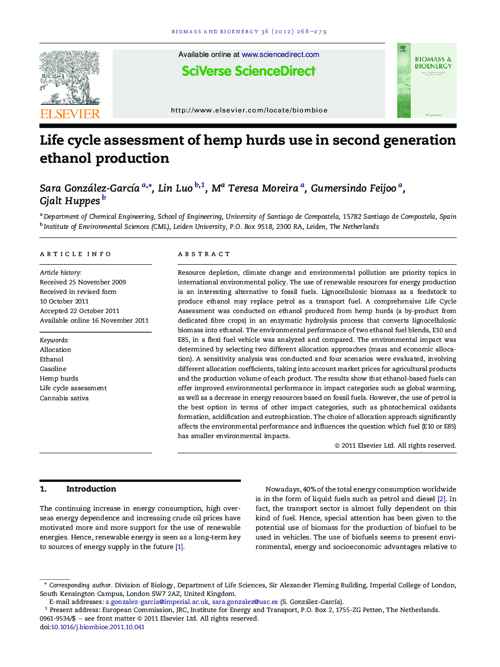 Life cycle assessment of hemp hurds use in second generation ethanol production