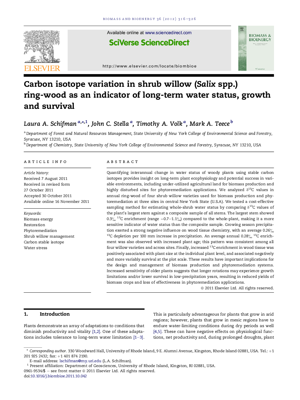 Carbon isotope variation in shrub willow (Salix spp.) ring-wood as an indicator of long-term water status, growth and survival