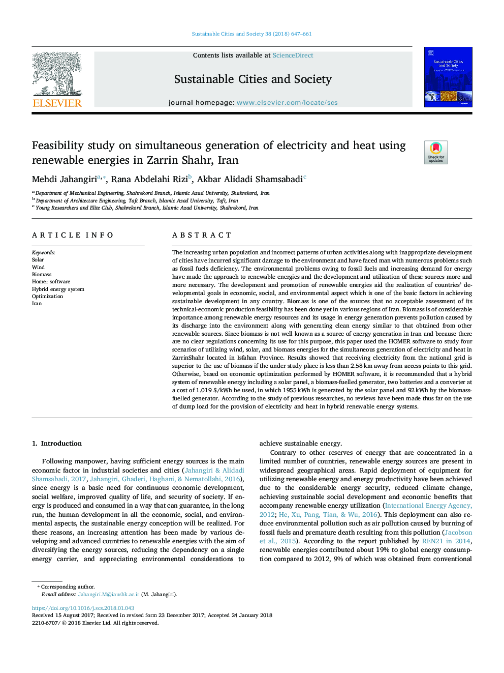 Feasibility study on simultaneous generation of electricity and heat using renewable energies in Zarrin Shahr, Iran