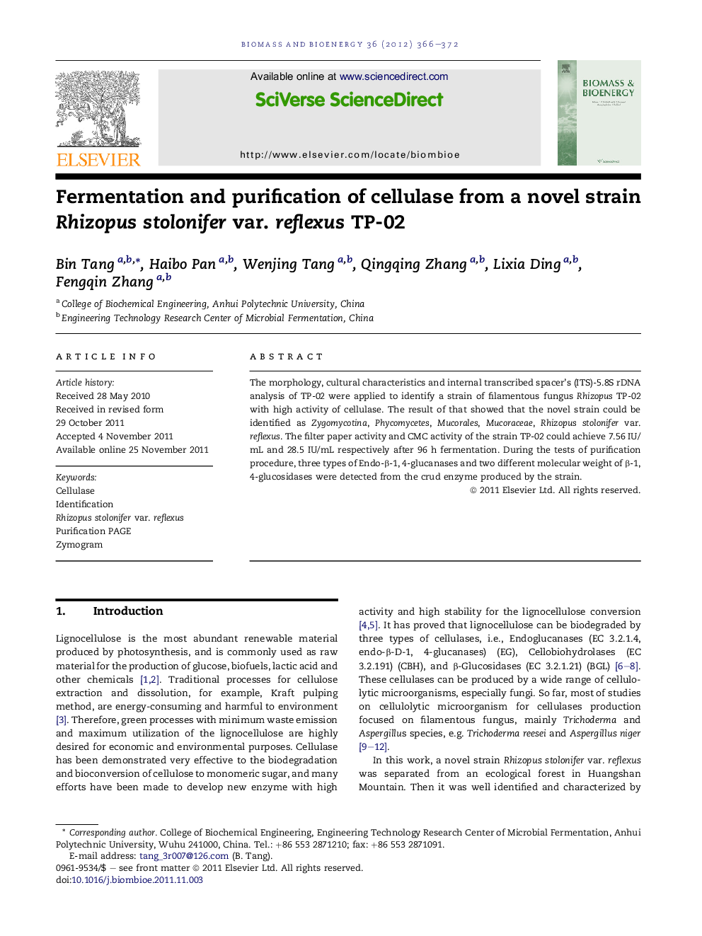 Fermentation and purification of cellulase from a novel strain Rhizopus stolonifer var. reflexus TP-02