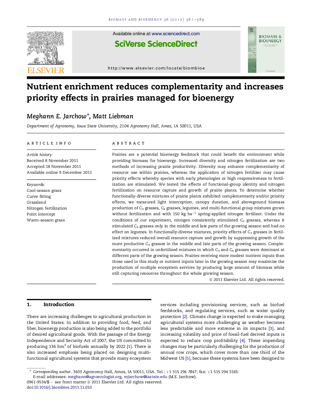 Nutrient enrichment reduces complementarity and increases priority effects in prairies managed for bioenergy