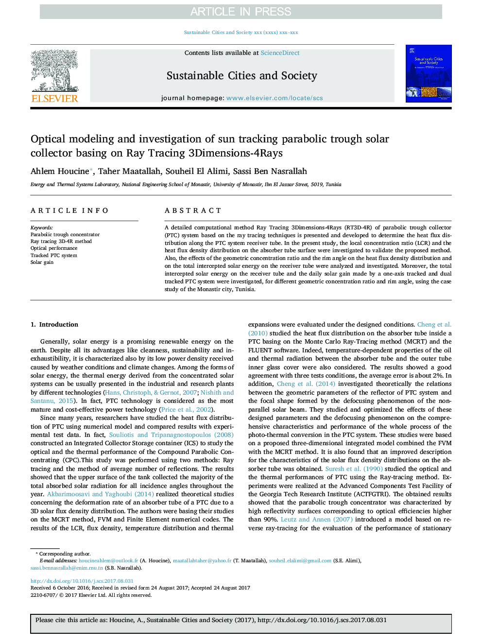 Optical modeling and investigation of sun tracking parabolic trough solar collector basing on Ray Tracing 3Dimensions-4Rays