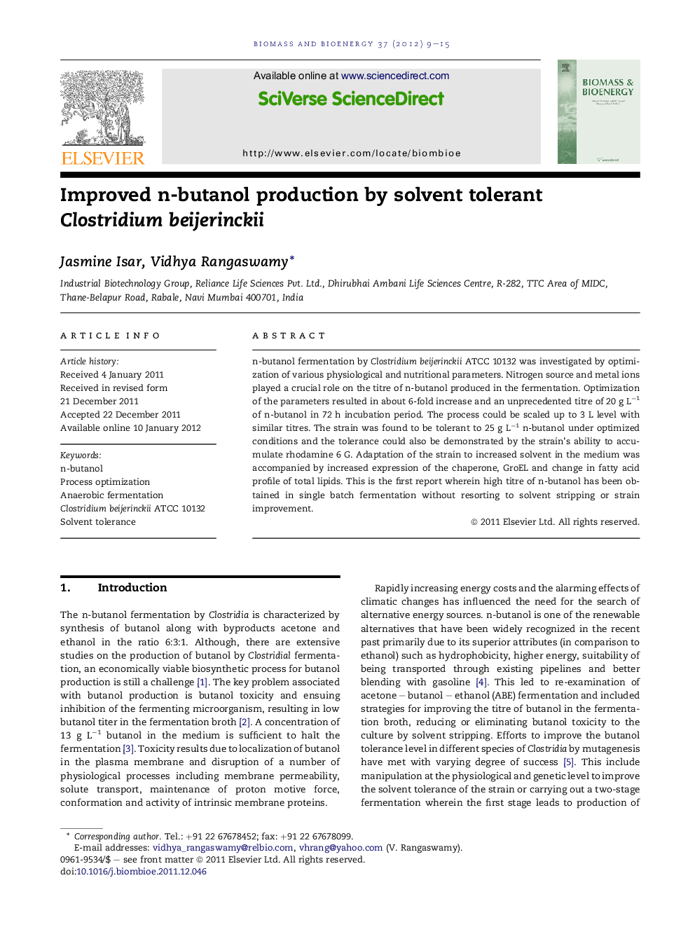 Improved n-butanol production by solvent tolerant Clostridium beijerinckii