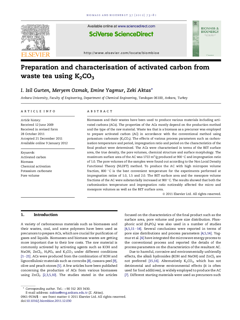 عکس صفحه اول مقاله: Preparation and characterisation of activated carbon from waste tea using K2CO3 Preparation and characterisation of activated carbon from waste tea using K2CO3