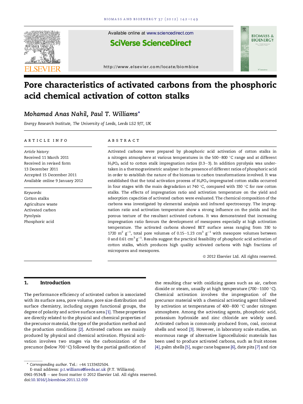 Pore characteristics of activated carbons from the phosphoric acid chemical activation of cotton stalks