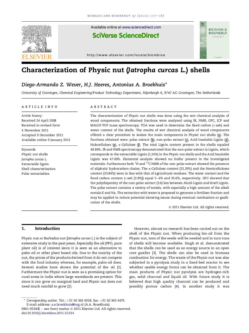 Characterization of Physic nut (Jatropha curcas L.) shells