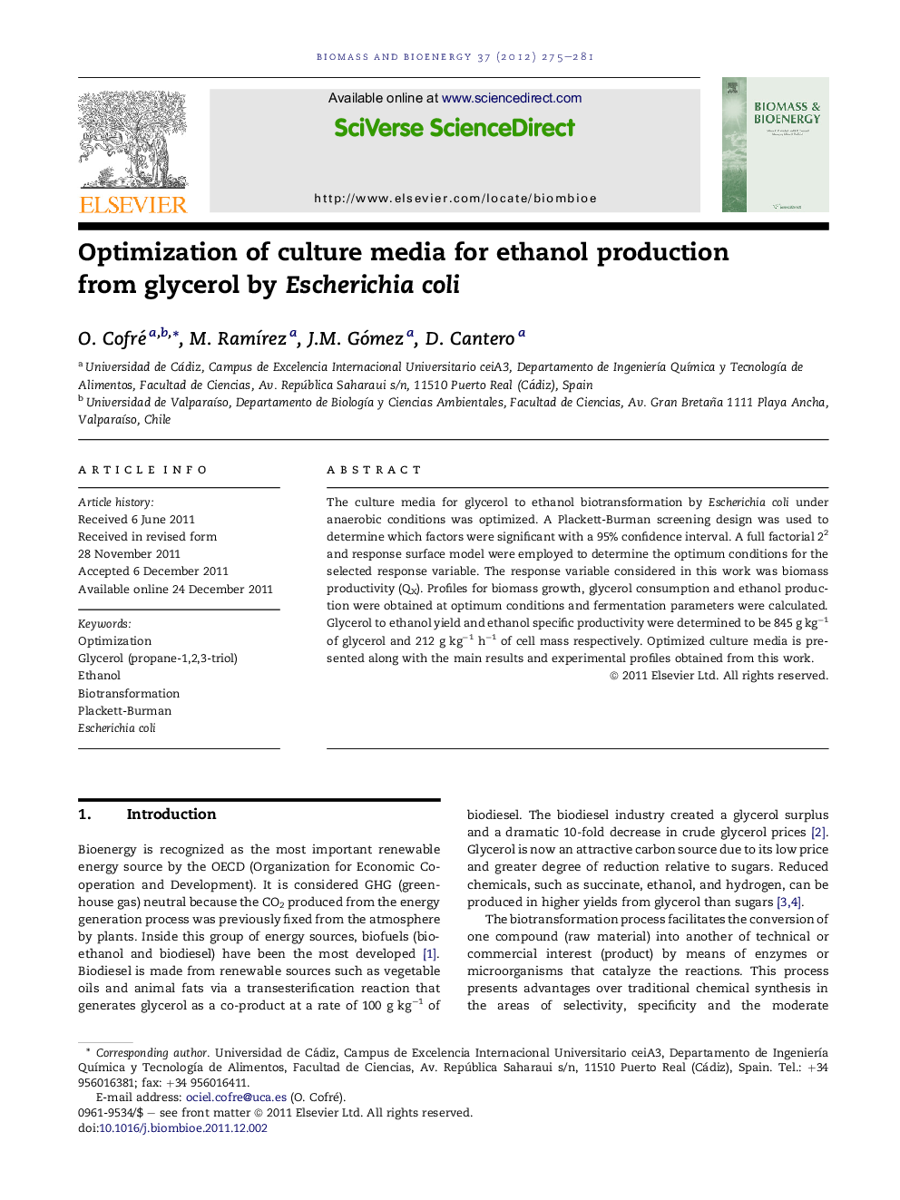 Optimization of culture media for ethanol production from glycerol by Escherichia coli