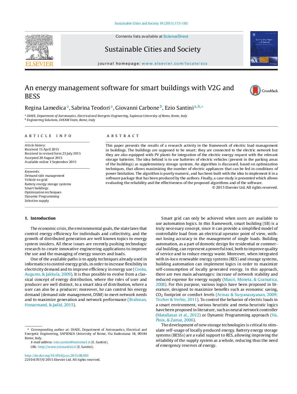 An energy management software for smart buildings with V2G and BESS