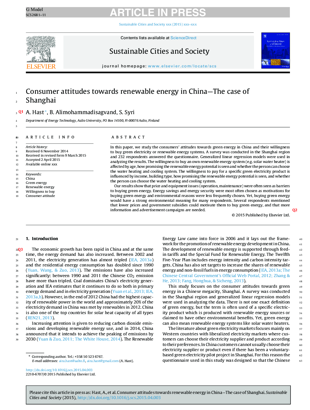 Consumer attitudes towards renewable energy in China-The case of Shanghai