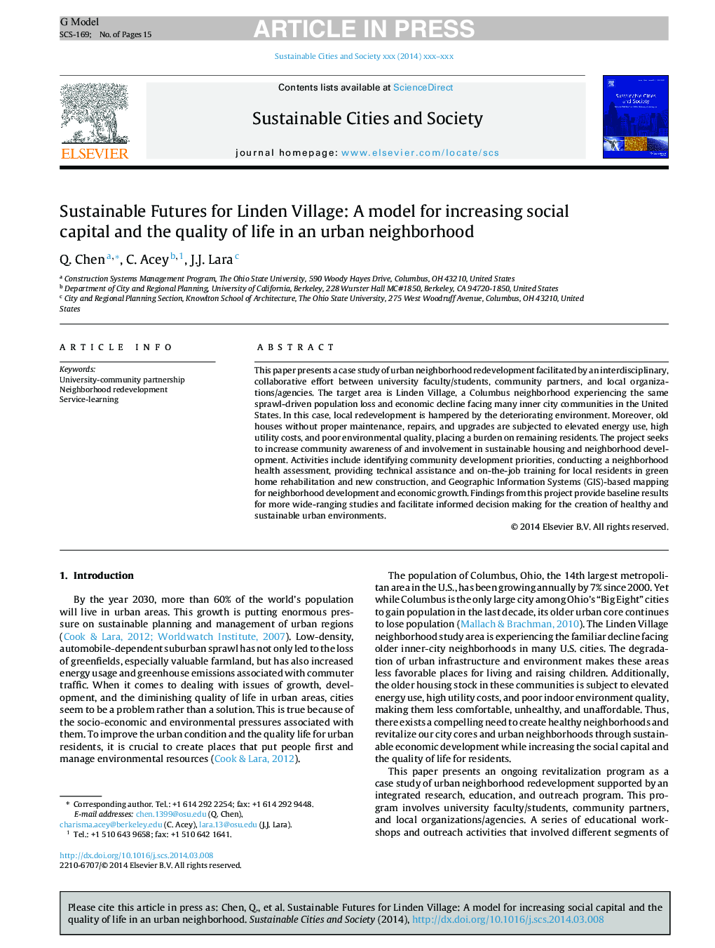 Sustainable Futures for Linden Village: A model for increasing social capital and the quality of life in an urban neighborhood