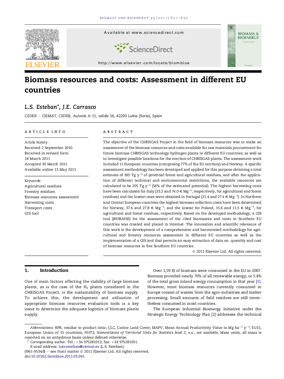 Biomass resources and costs: Assessment in different EU countries