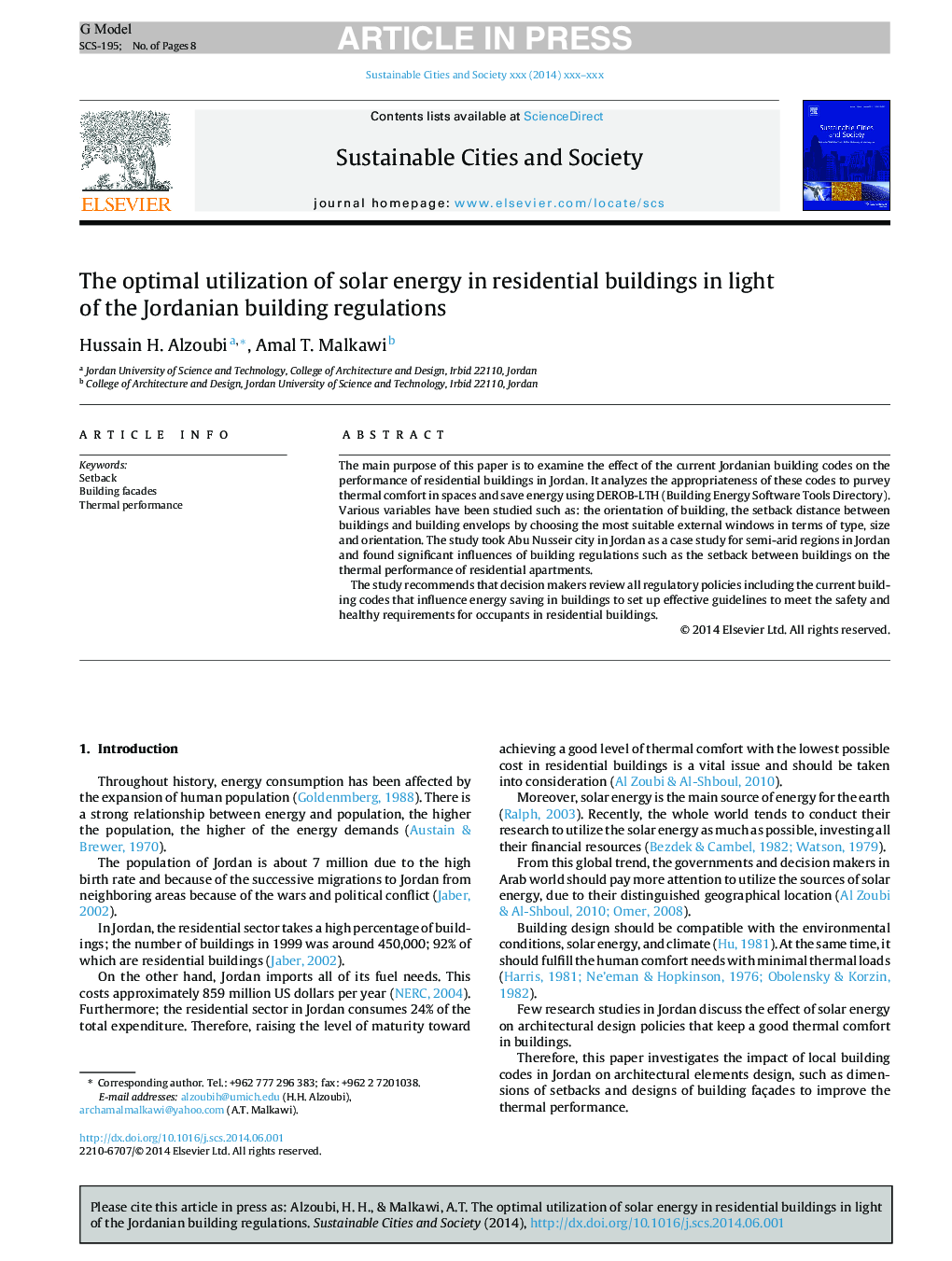 The optimal utilization of solar energy in residential buildings in light of the Jordanian building regulations