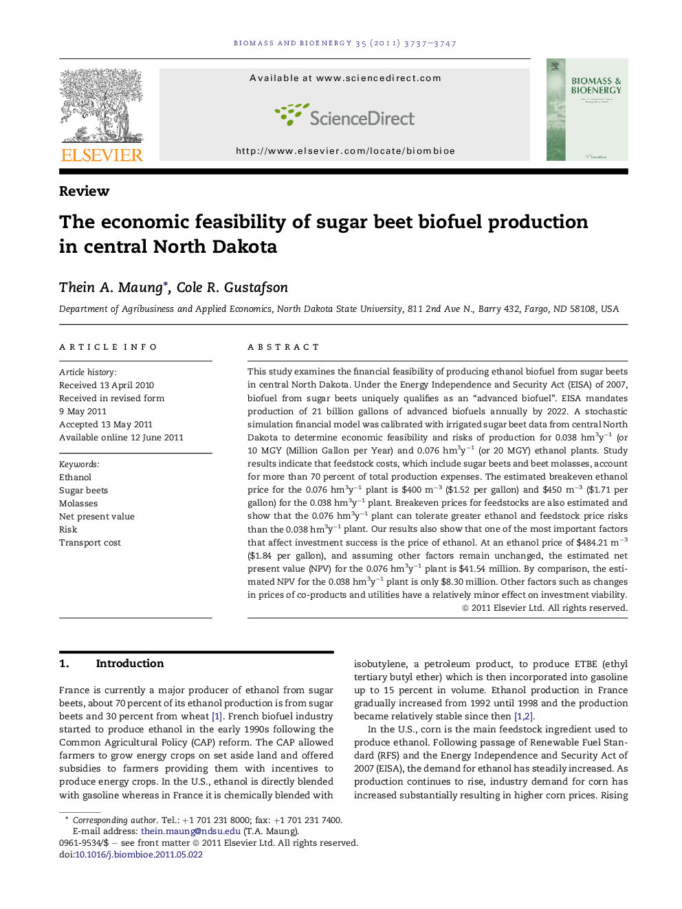 The economic feasibility of sugar beet biofuel production in central North Dakota