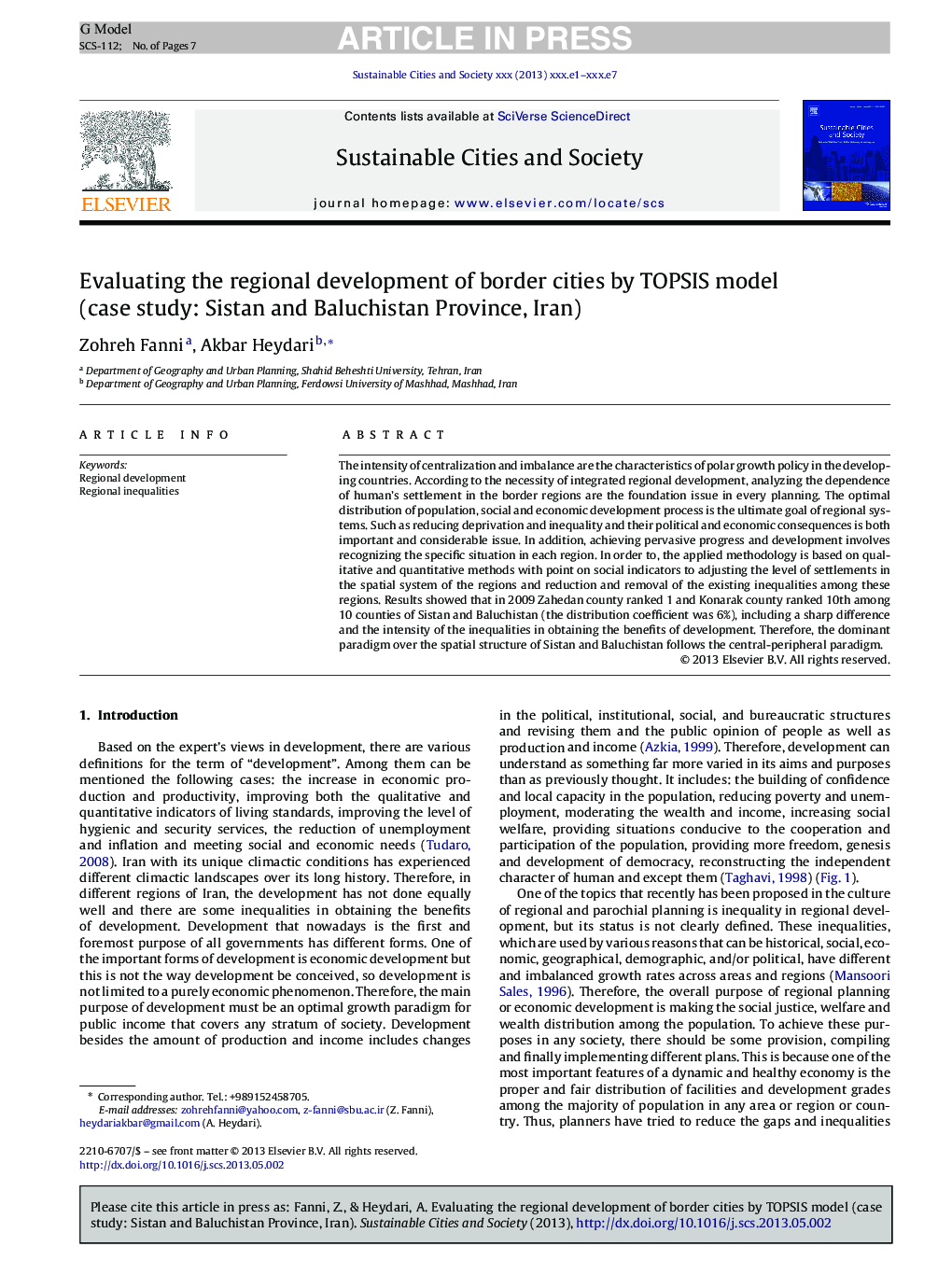 Evaluating the regional development of border cities by TOPSIS model (case study: Sistan and Baluchistan Province, Iran)