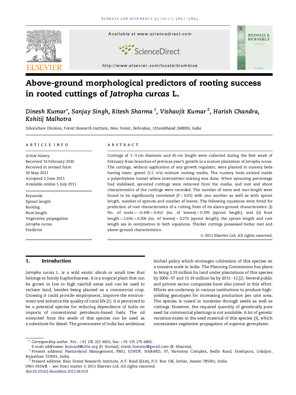 Above-ground morphological predictors of rooting success in rooted cuttings of Jatropha curcas L.