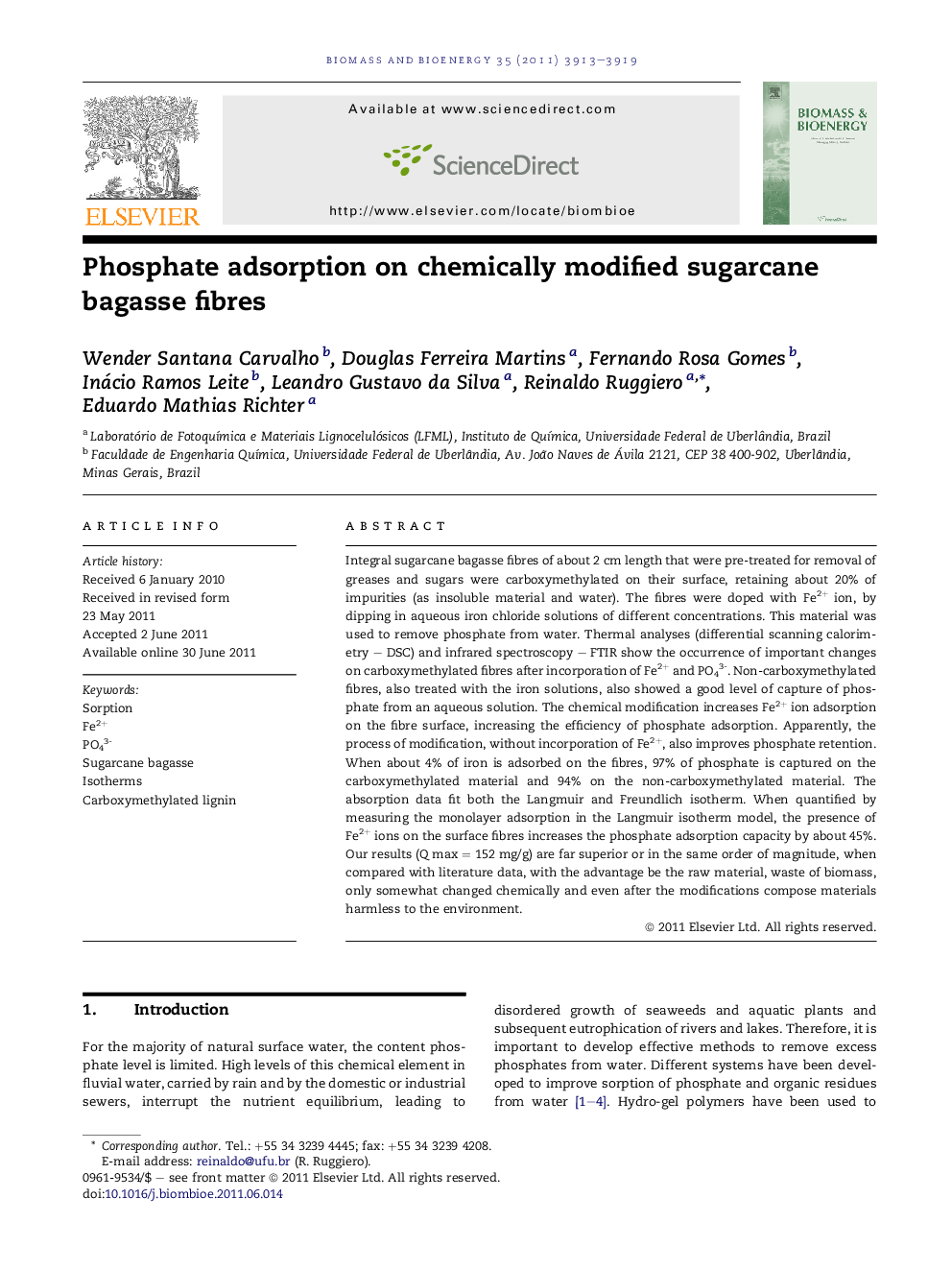 Phosphate adsorption on chemically modified sugarcane bagasse fibres